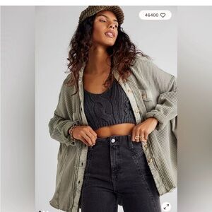 FP One waffle knit long sleeve green button down shaket